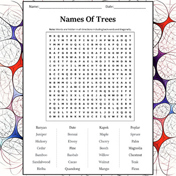 Names of trees word search puzzle worksheet activity by word search corner