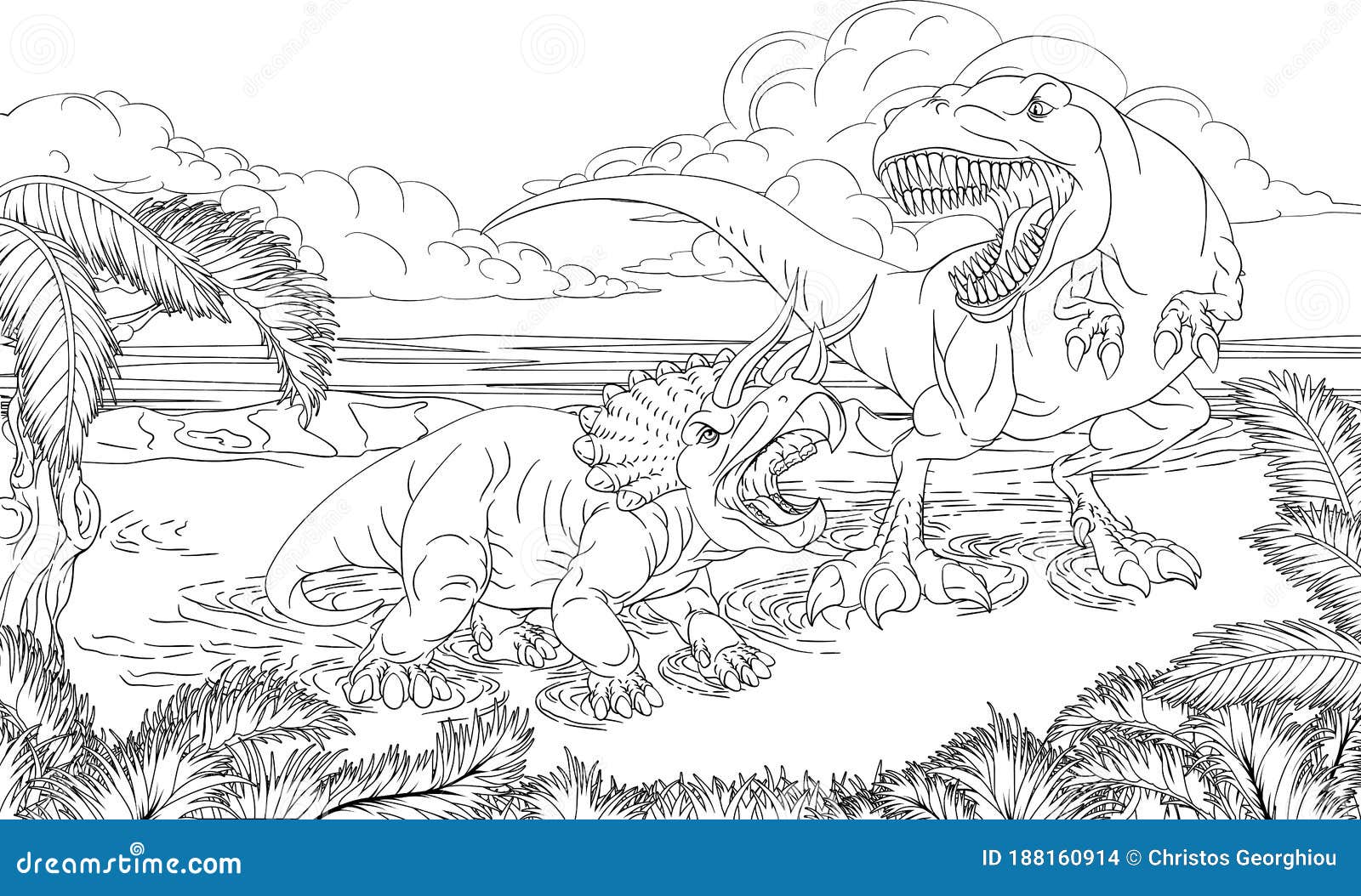 Dinosaur trex triceratops scene coloring book page stock vector