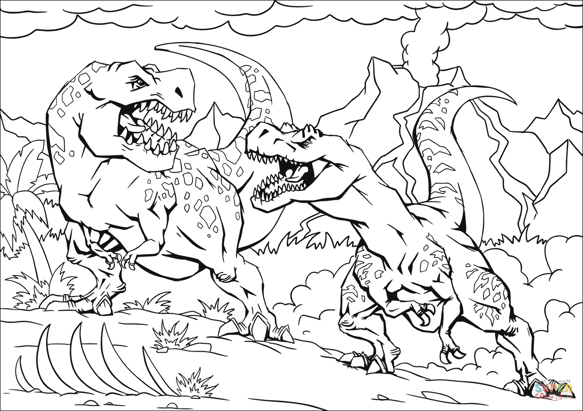 Tyrannosaur fight coloring page free printable coloring pages