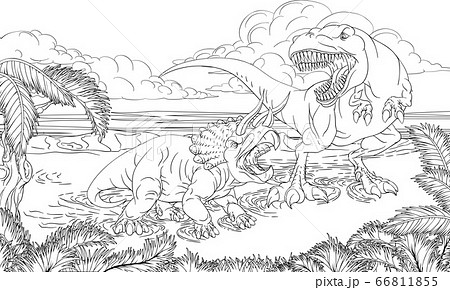 Dinosaur trex triceratops scene coloring book page