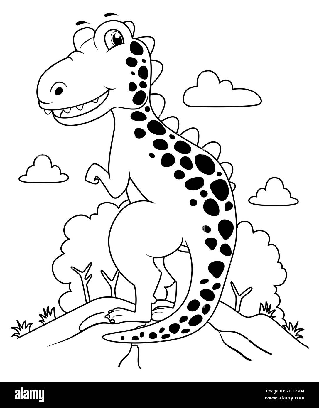 Coloring page illustration of a tyrannosaurus rex dinosaur showing its back spots stock photo