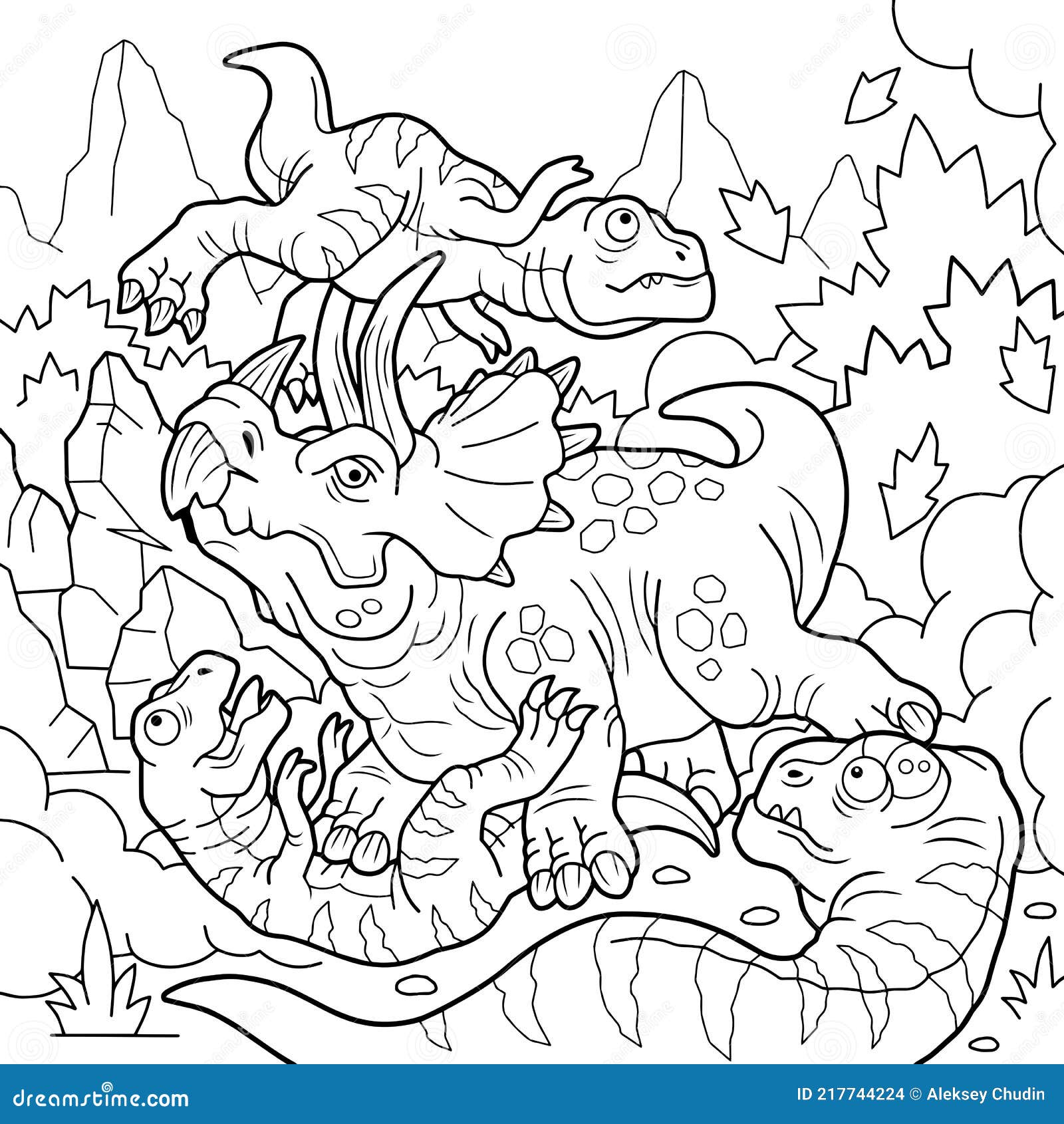 Prehistoric dinosaur fight coloring book outline illustration stock vector