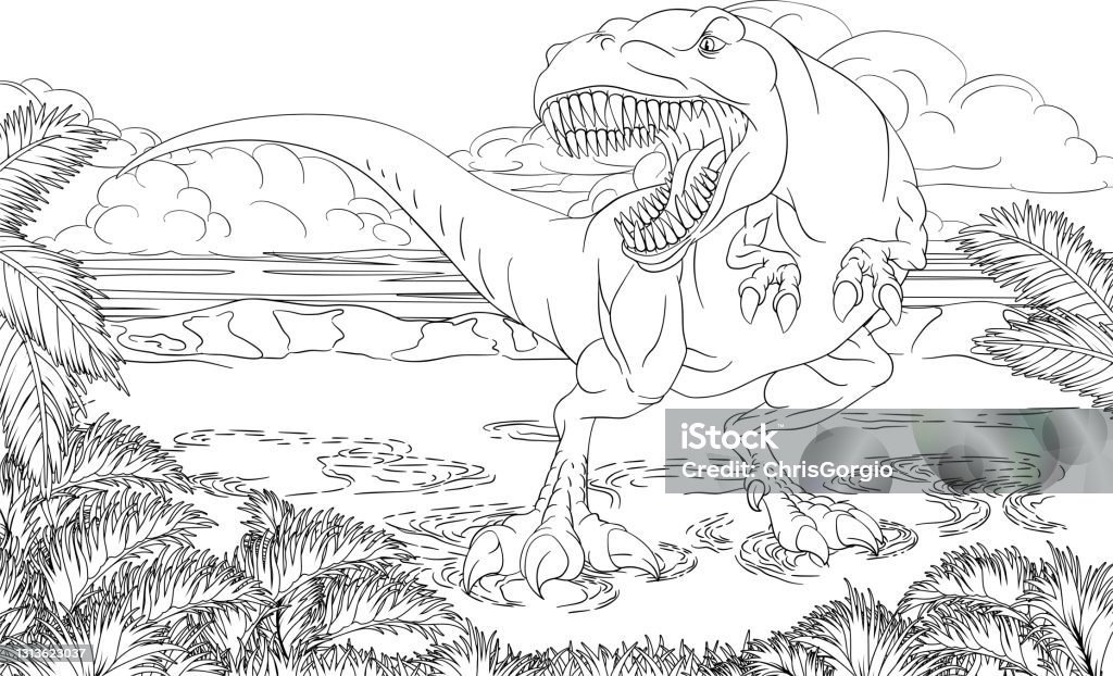 Dinosaur t rex scene cartoon coloring book page stock illustration