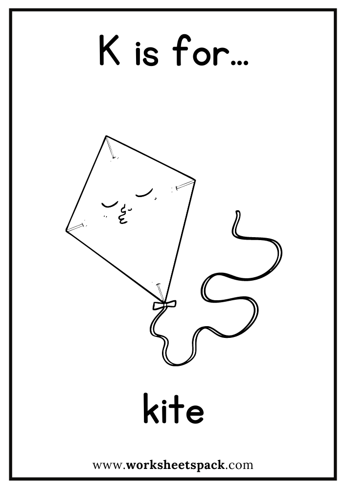 K is for kite coloring page free kite flashcard for kindergarten