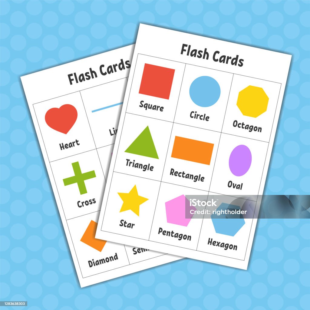 Flash cards learning shapes education developing worksheet activity page for kids color game for children vector illustration cartoon style stock illustration