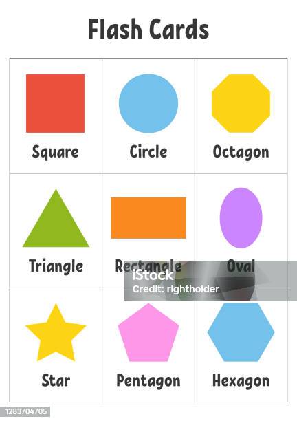 Flash cards learning shapes education developing worksheet activity page for kids color game for children vector illustration stock illustration