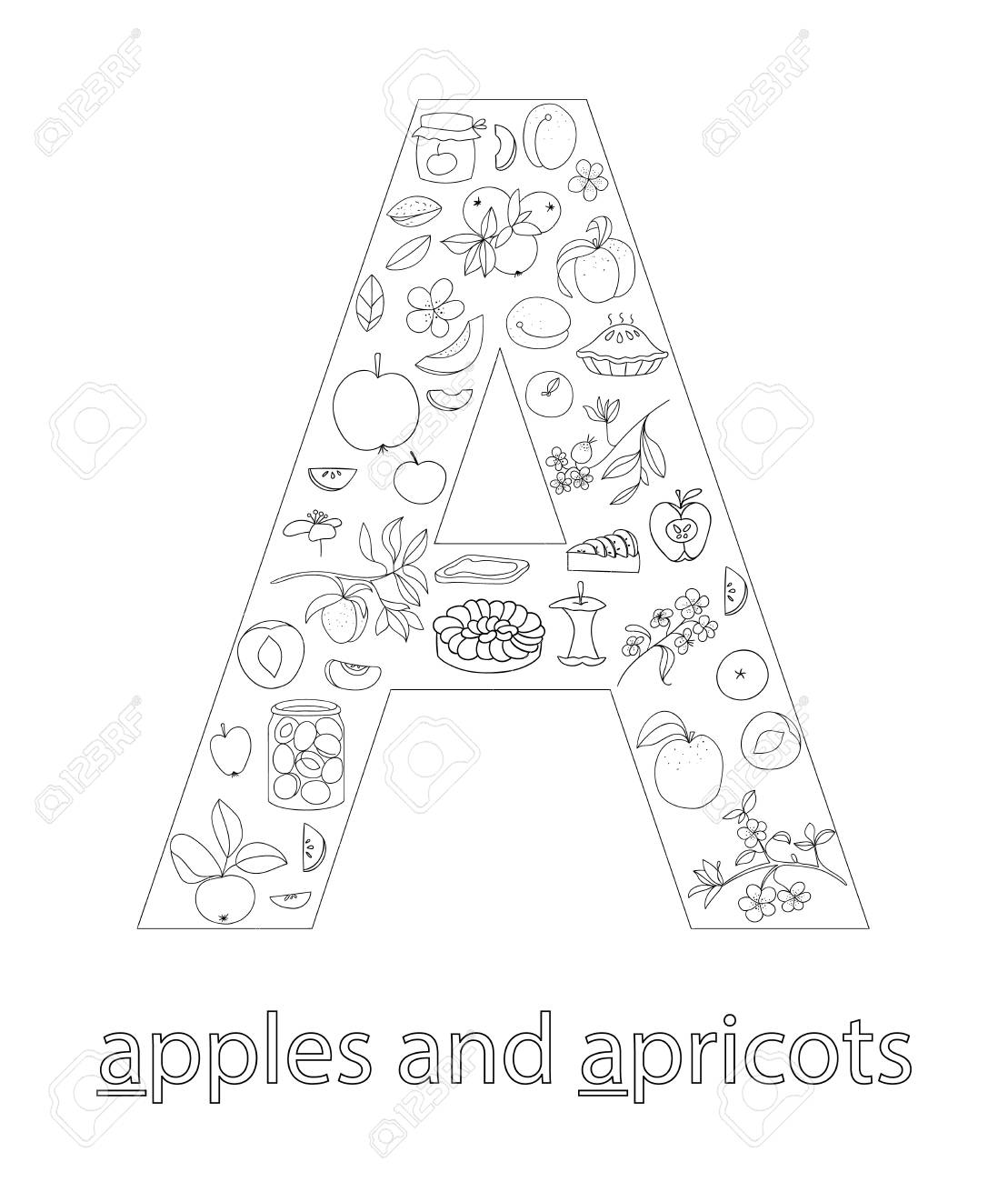 Black and white alphabet letter a phonics flashcard cute letter a for teaching reading with cartoon style apples and apricots coloring page for children royalty free svg cliparts vectors and stock illustration
