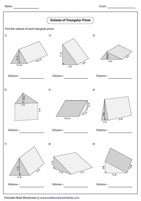 Volume of triangular prism worksheet grade volume worksheets triangular prism area worksheets