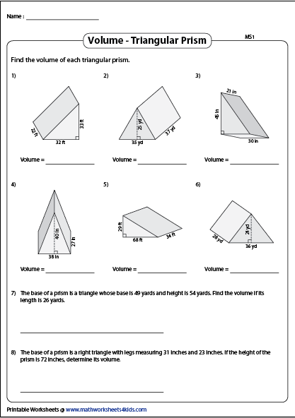 Volume of a triangular prism printable worksheets triangular prism volume worksheets worksheets