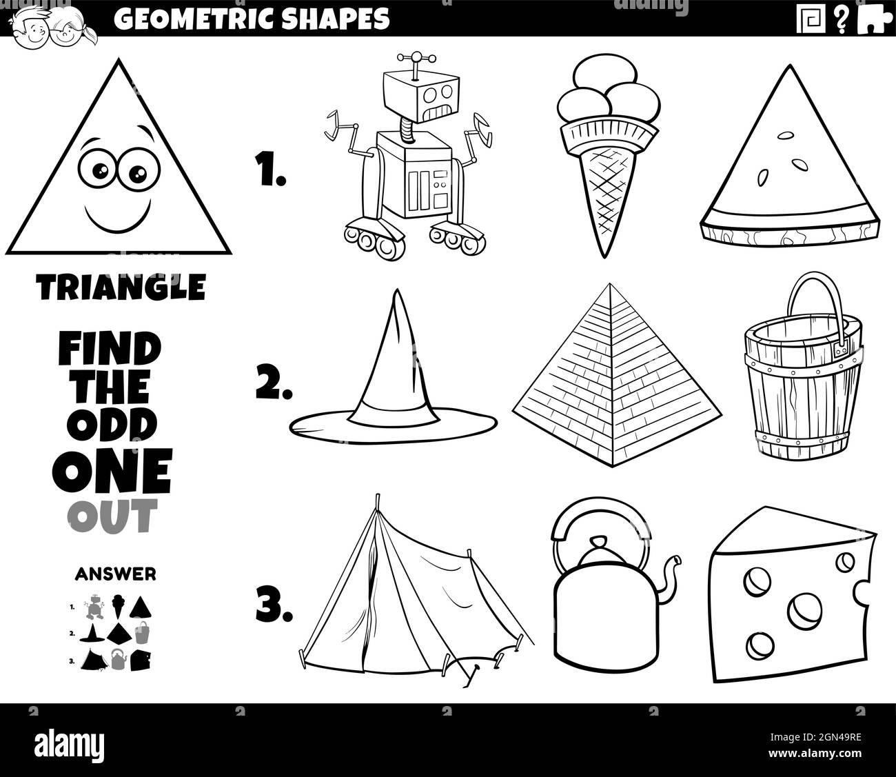 Black and white cartoon illustration of triangle geometric shaped objects educational task for children coloring book page stock vector image art