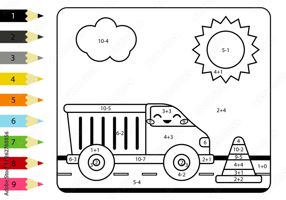 Coloring page by addition and subtraction numbers vector kawaii truck and road cone math worksheet for kids transportation theme vector