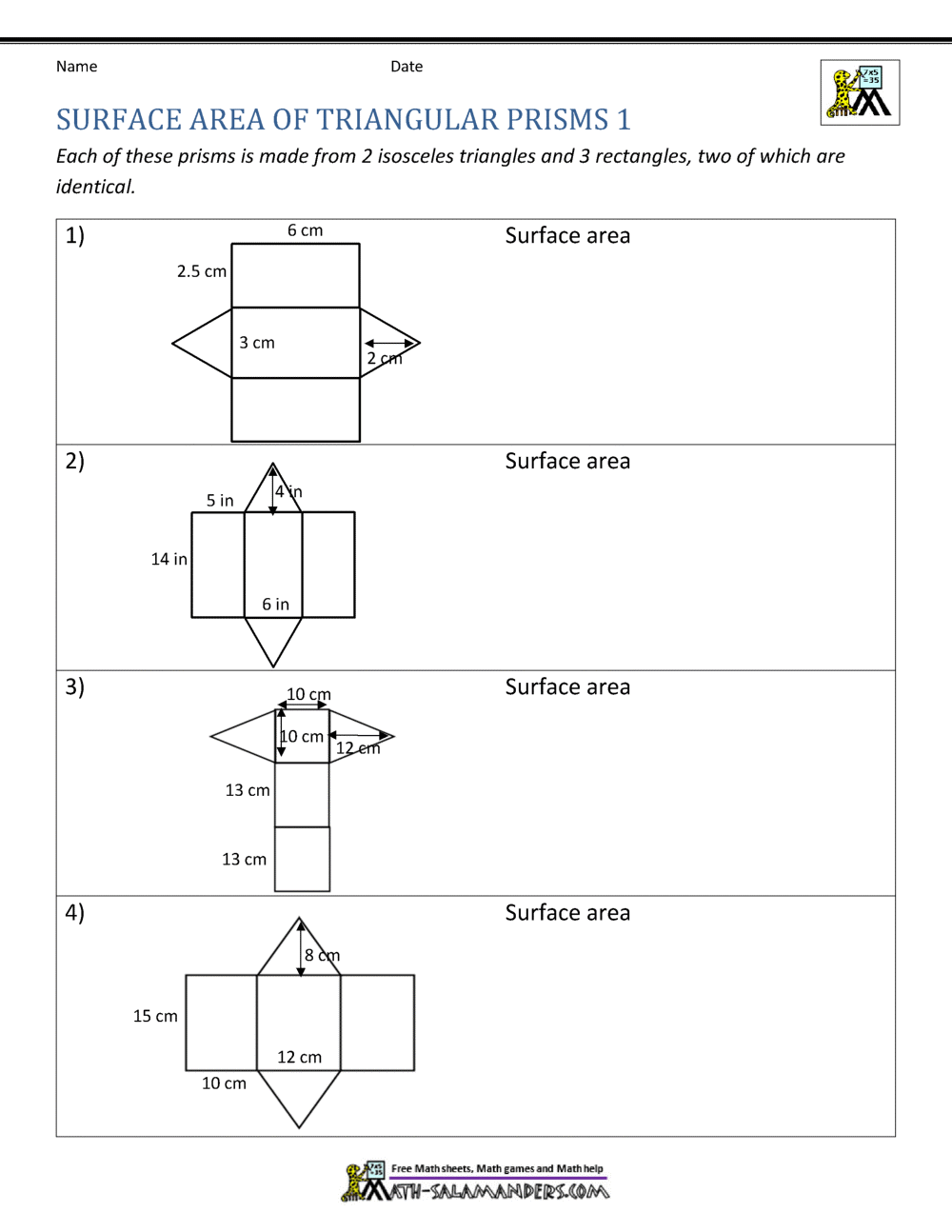 Surface area worksheet th grade