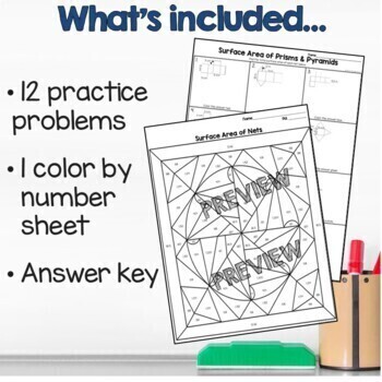 Surface area of nets practice color by number worksheet tpt