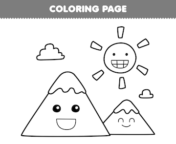 Premium vector education game for children coloring page of cute cartoon mountain with sun and cloud line art printable nature worksheet