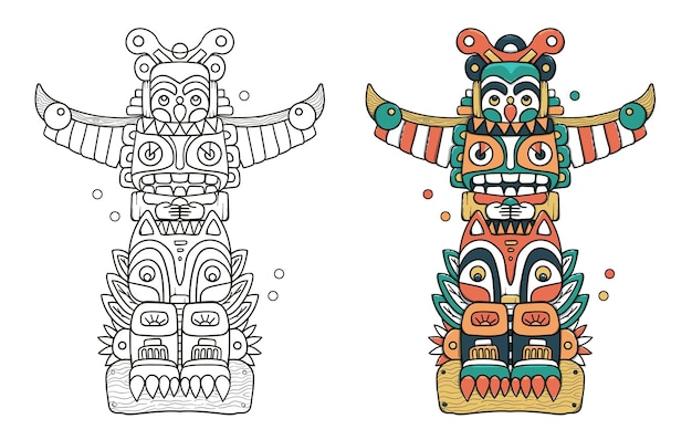 Premium vector vector indian totem clan tribe wooden symbol coloring book cartoon isolated on white coloring page