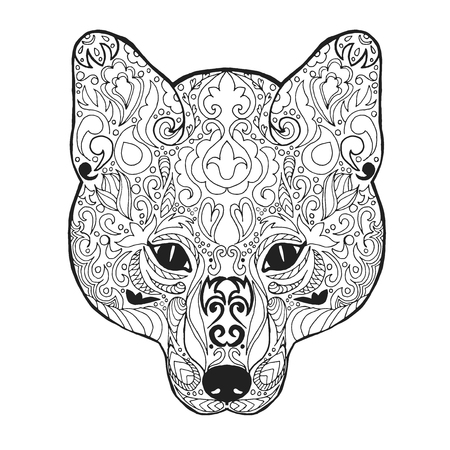 Fox head adult antistress coloring page black white hand drawn doodle animal ethnic patterned vector african indian totem tribal zentangle design sketch for tattoo poster print t