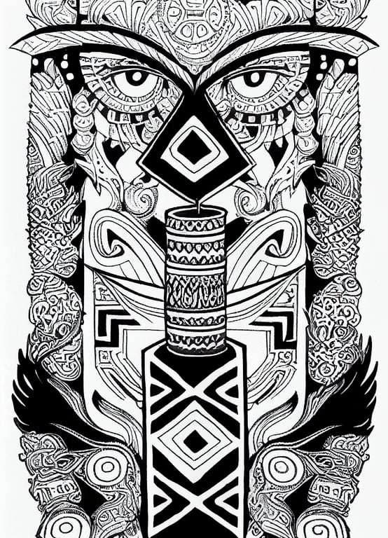 Black and white trippy candle coloring page for adults line art aztec gods tattoo theme intricate details crisp lines