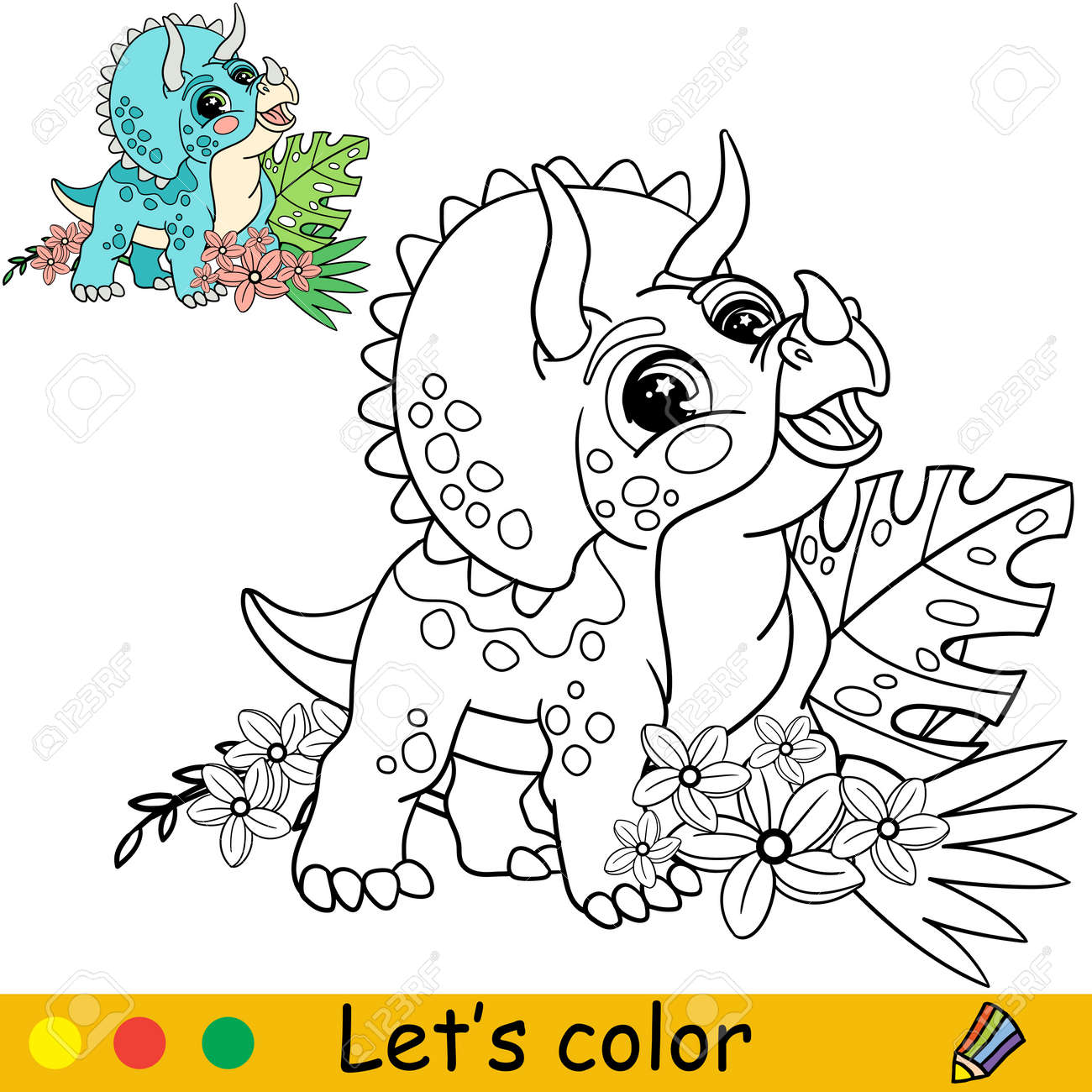 Cartoon cute baby dinosaur triceratops with tropical plants coloring book page with colorful template for kids vector isolated illustration for coloring book print game party design royalty free svg cliparts vectors and