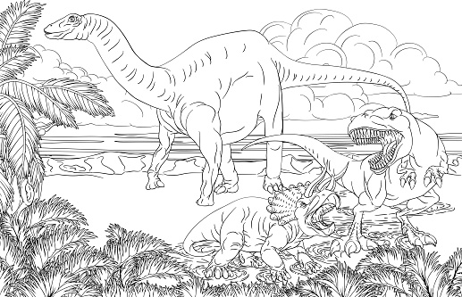 Dinosaur scene cartoon coloring book page stock illustration