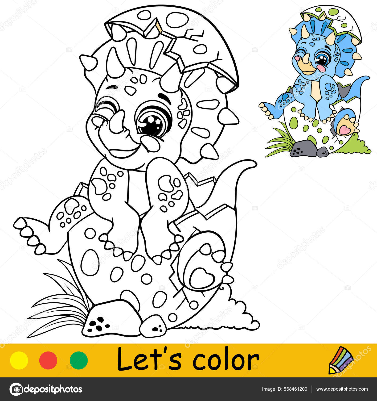 Dibujos animados lindo bebã dinosaurio azul triceratops sentado huevo pãgina vector de stock por alinart