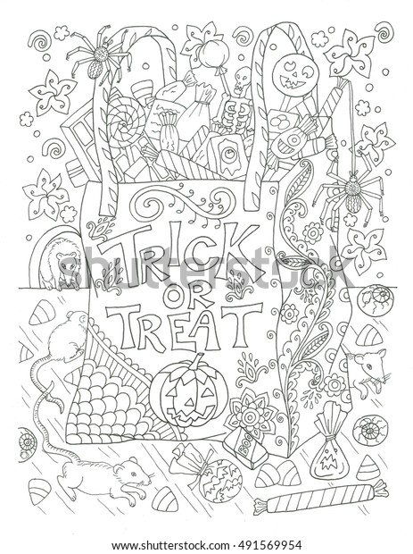 Trick treat halloween bag coloring page stock illustration