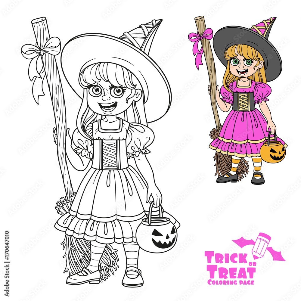 Cute girl in witch costume holding a pumpkin bag for sweets trick or treat color and outlined for coloring page vector