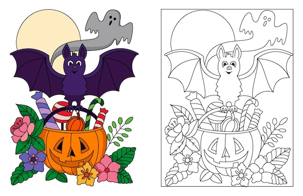 Premium vector bat taking trick or treat pumpkin bag that has candy with boo ghost flowers decorations coloring art