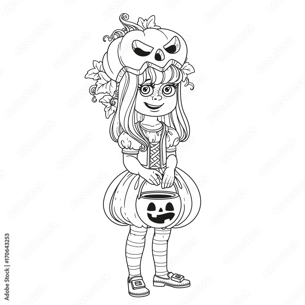 Cute girl in pumpkin costume with a pumpkin bag for sweets trick or treat outlined for coloring page vector