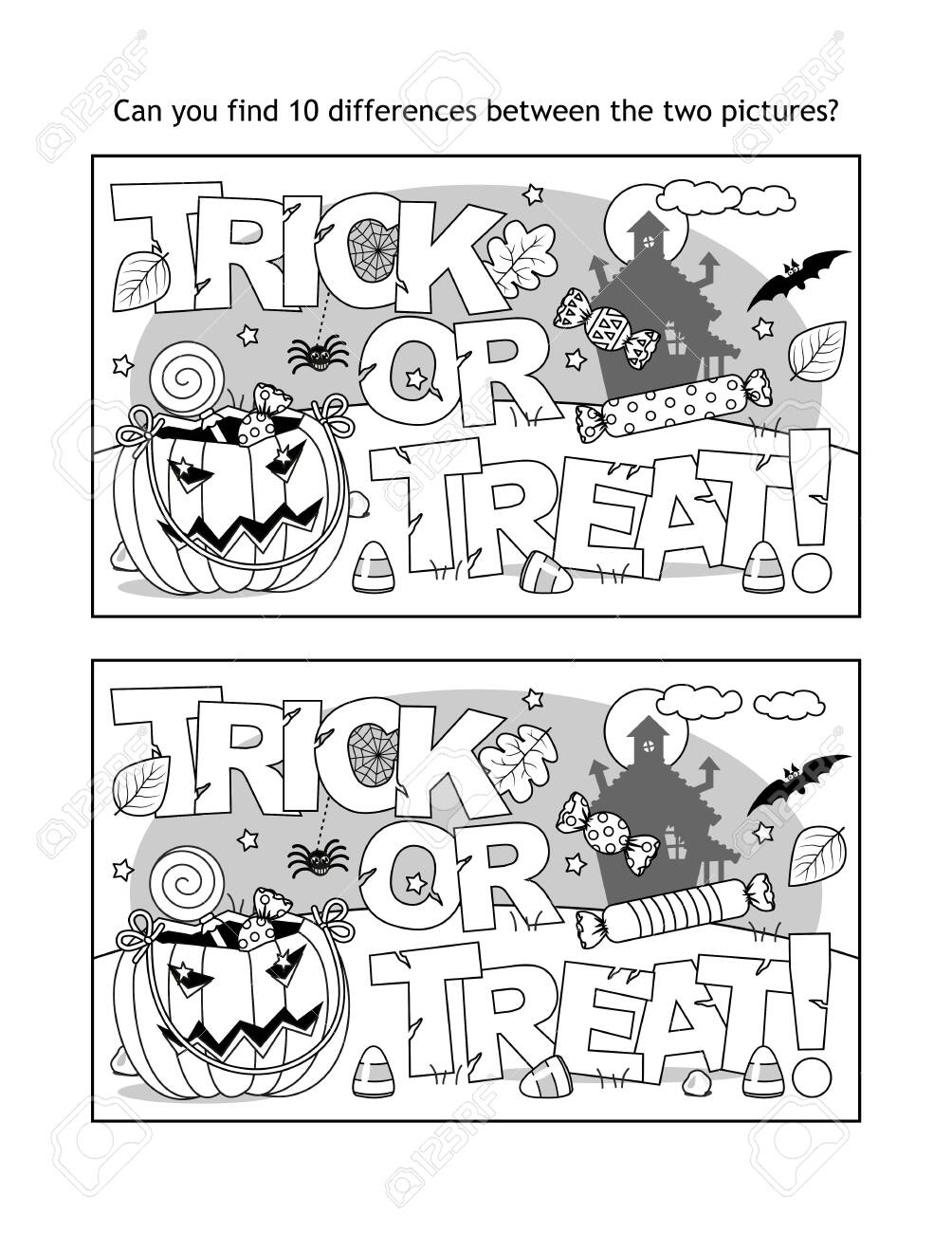 Find differences visual puzzle and coloring page with halloween trick or treat text pumpkin bag candy haunted house bat and spider royalty free svg cliparts vectors and stock illustration image