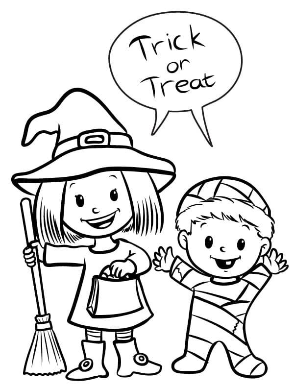 Kids and trick or treat coloring page