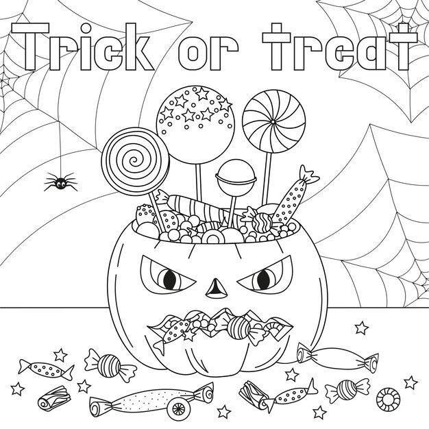 Premium vector trick or treat coloring page halloween coloring page for kids