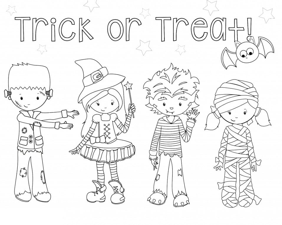 Trick or treat kids coloring page