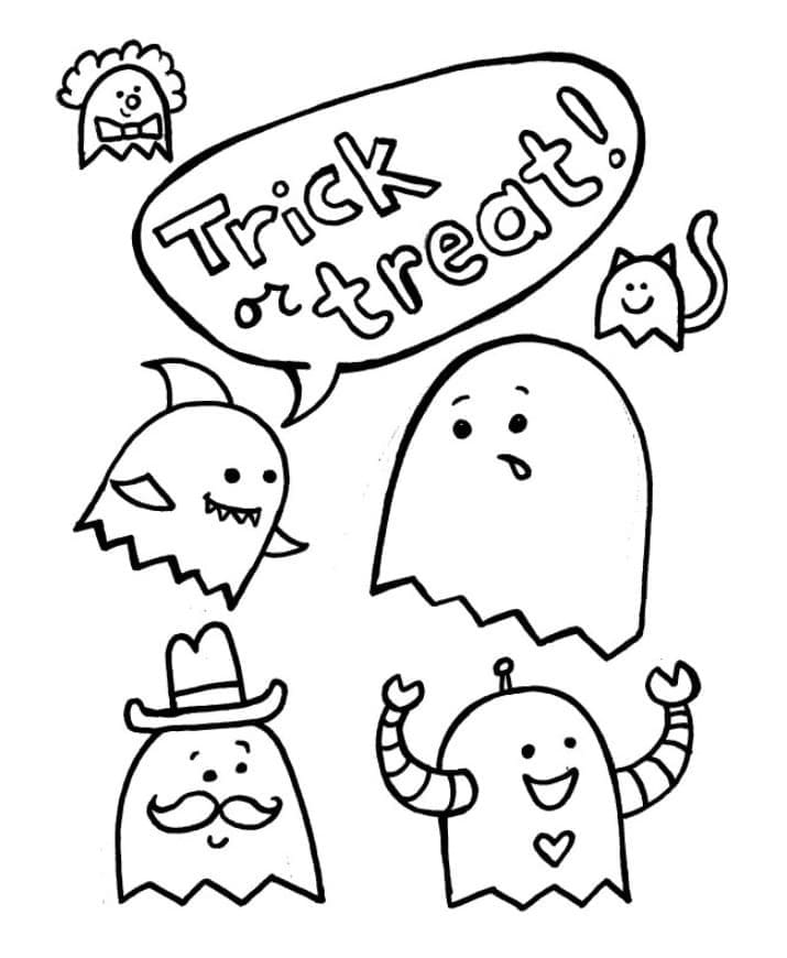 Trick or treat cute ghosts coloring page