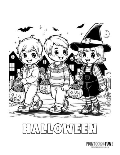 Cute friendly trick or treat coloring pages for halloween fun at