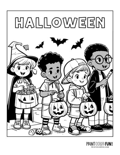 Cute friendly trick or treat coloring pages for halloween fun at