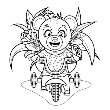 Premium vector coloring page a cute and cheerful teddy bear rides a tricycle with a large bouquet of flowers