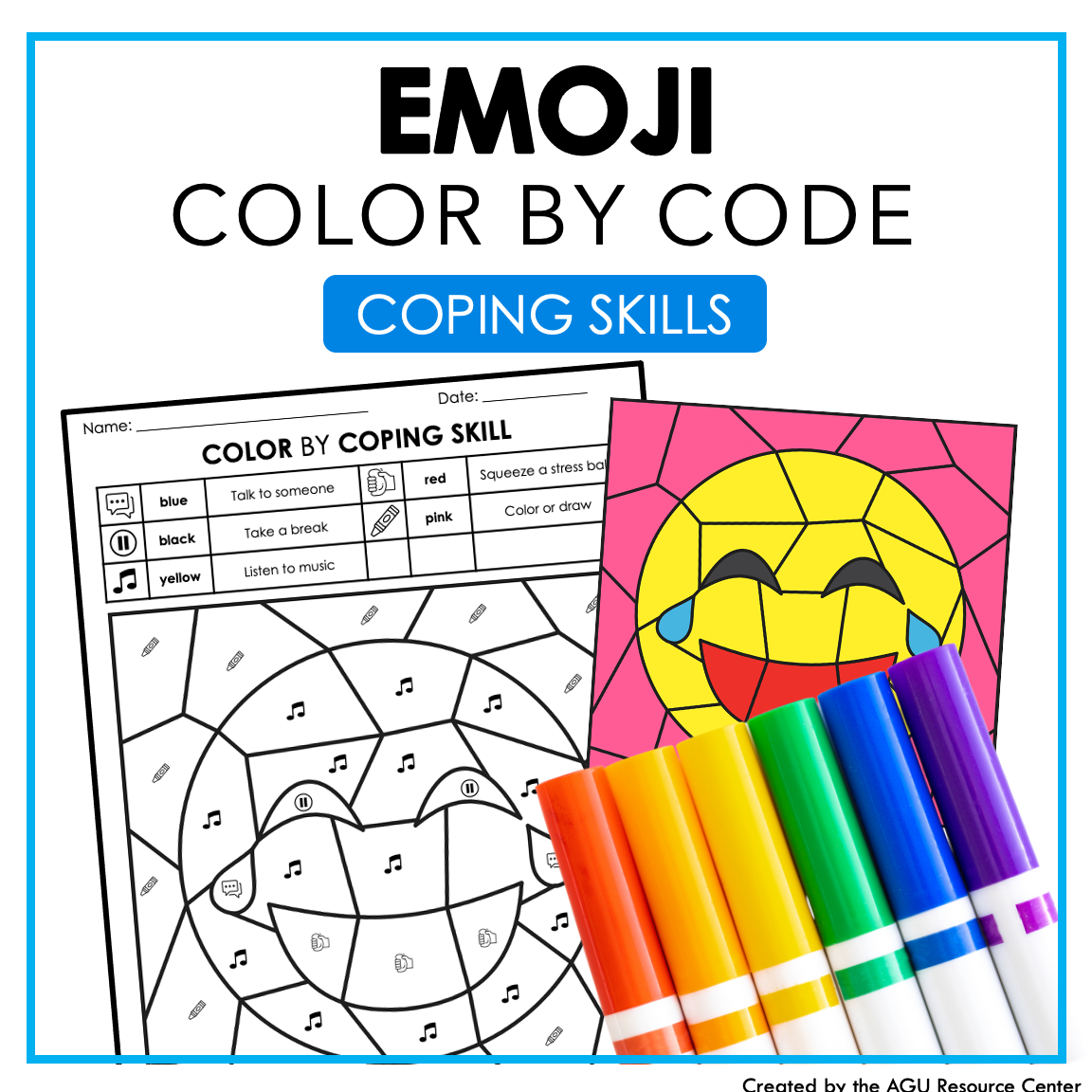 Emoji color by code coping skills activity â autism grown up