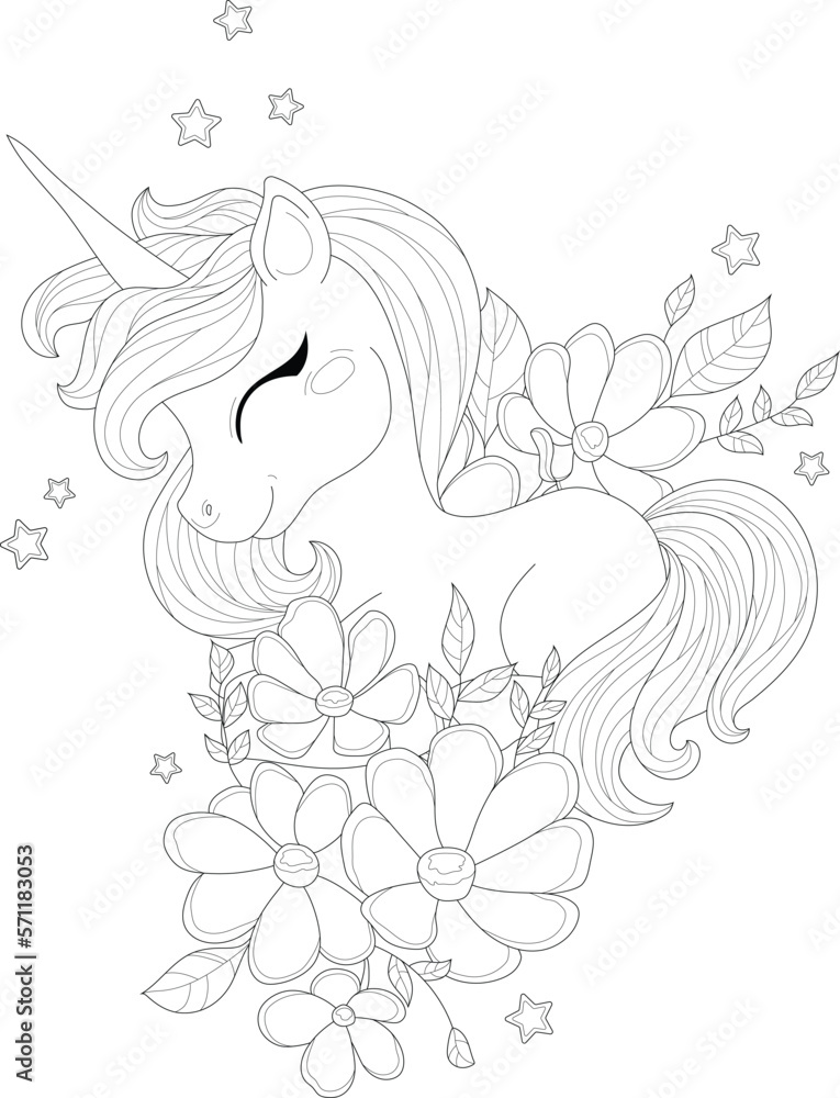 Cute little unicorn creature in flowers with leafs and stars sketch template cartoon vector illustration in black and white for icons emoji symbols games decor coloring paper page story book vector