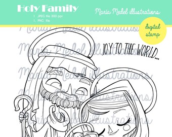 Holy family christmas digital stamp scrap booking card making coloring page licensing