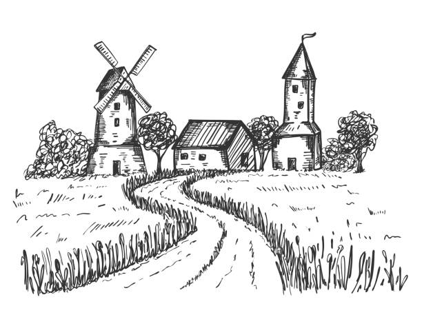 Sketch of a rural landscape the road leading to the farm houses mill through a wheat field good for packaging ecofriendly natural food engraved etched image hand drawn black and white vector