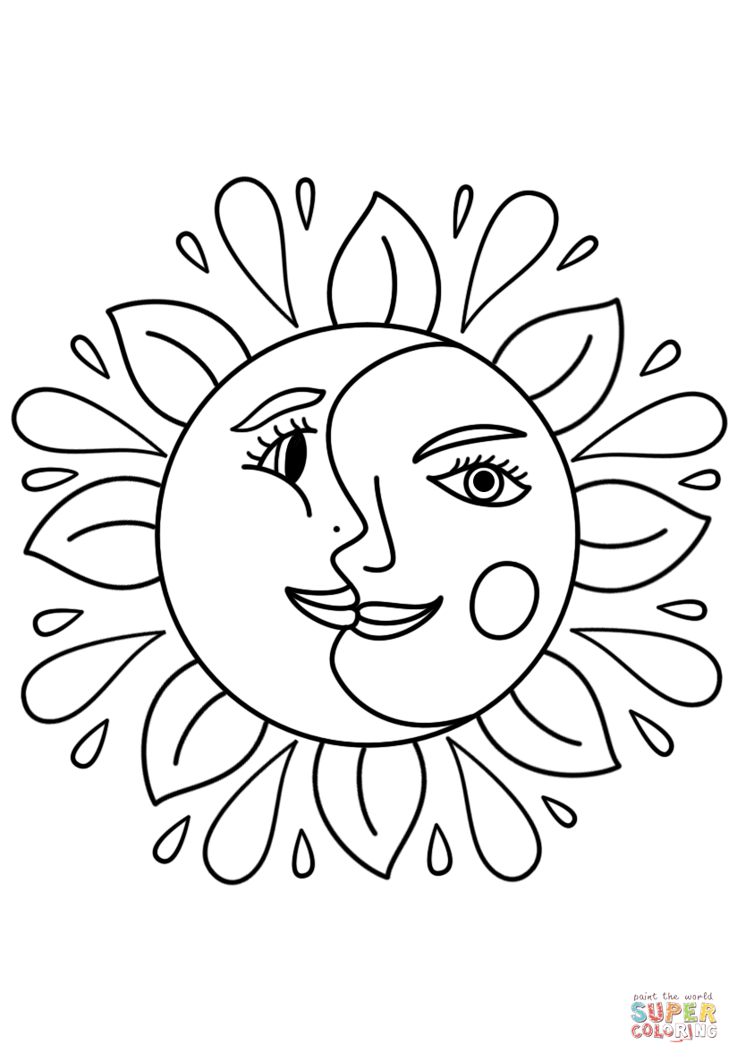 Trippy sun and moon coloring page free printable coloring pages