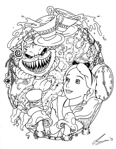 Alice and the creepy cheshire cat witch coloring pages wonderland tattoo detailed coloring pages