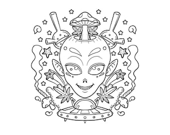 Trippy alien magic mushrooms printable pdf digital download trippy stoner coloring page cannabiss artwork