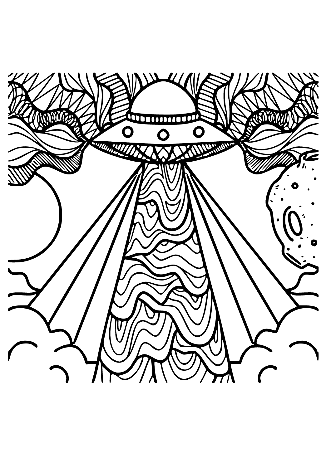 Free printable trippy ufo coloring page sheet and picture for adults and kids girls and boys