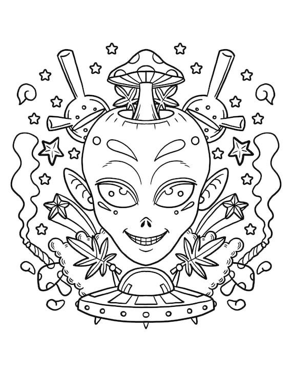 Trippy alien magic mushrooms printable pdf digital download trippy stoner coloring page cannabiss artwork