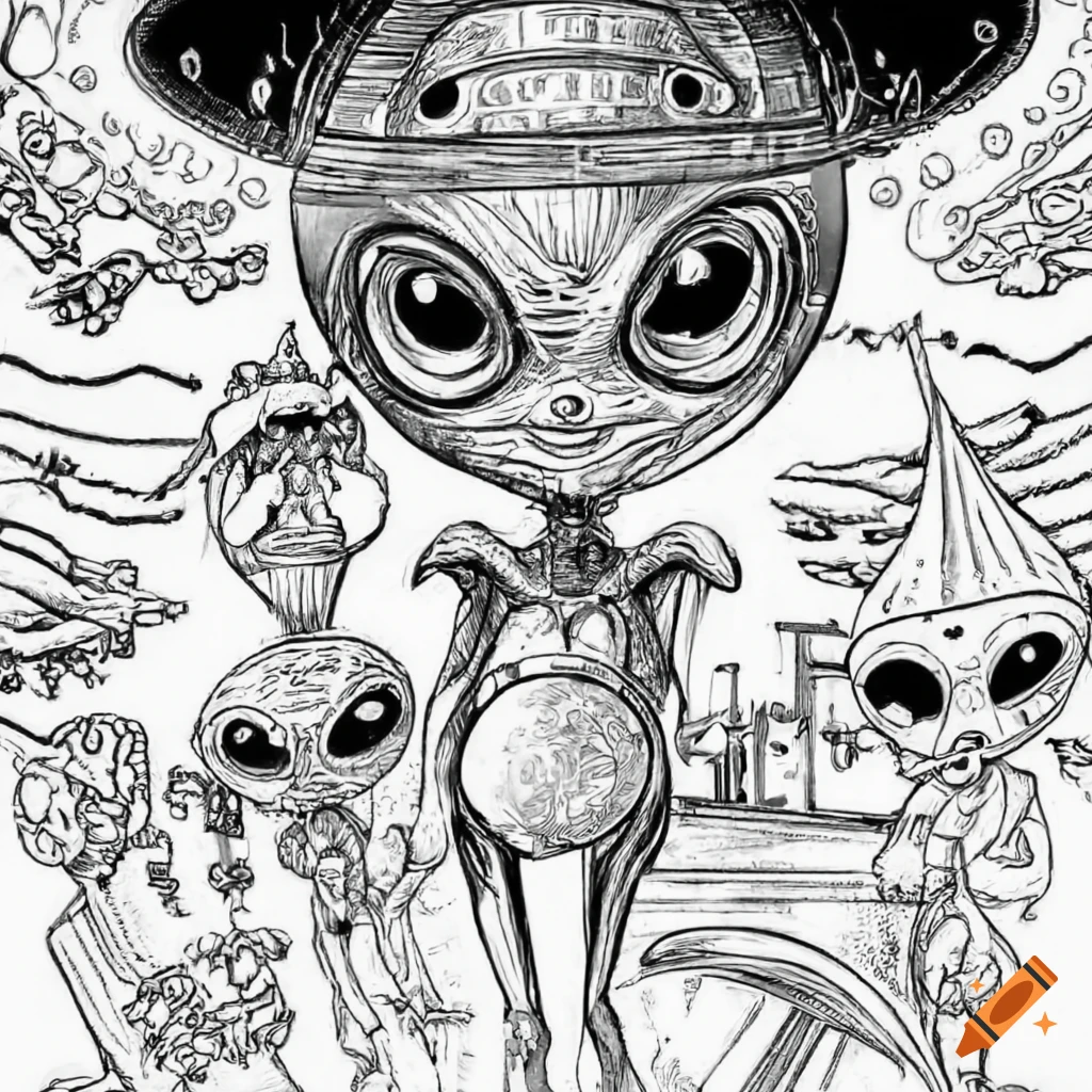 Detailed black and white coloring page of cute aliens in ufo flying over las vegas strip for a coloring book on