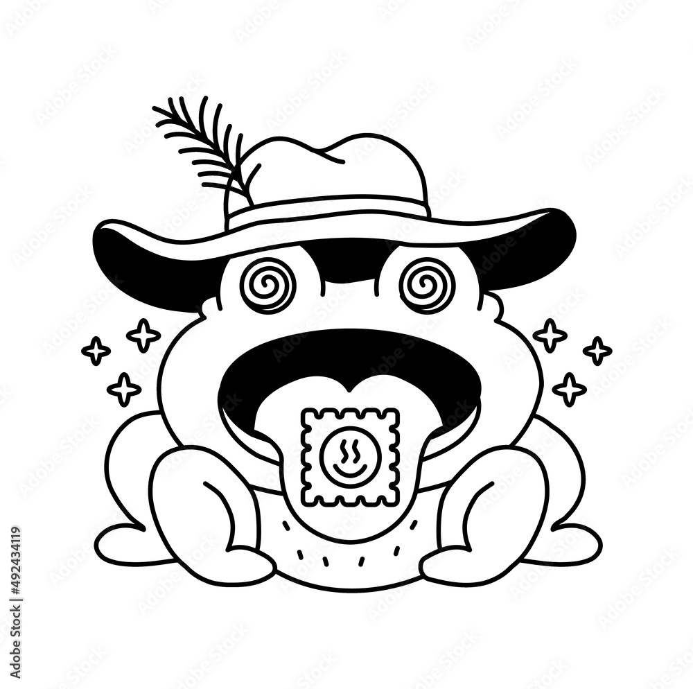 Funny trippy psychedelic frog with acid lsd mark on tongue outline page for coloring book vector hand drawn line cartoon character illustration trippy psychedelic frog page for coloring book vector