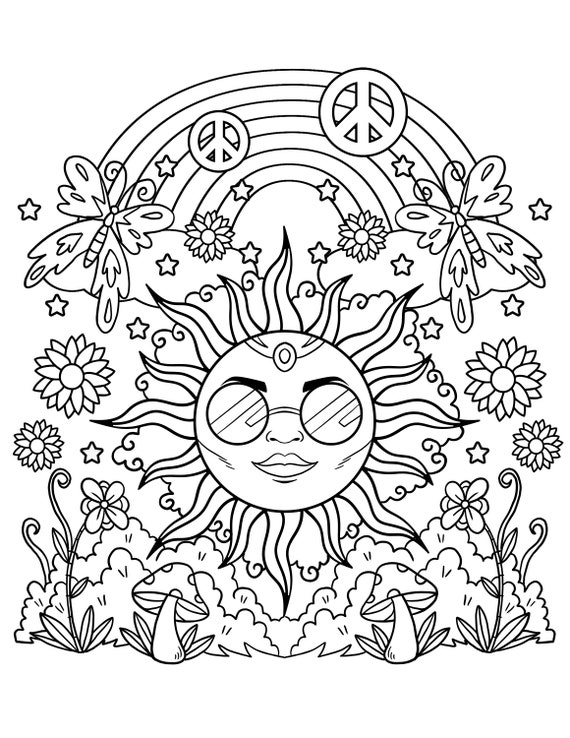 Hippie printable coloring pages sun rainbow digital download trippy coloring book