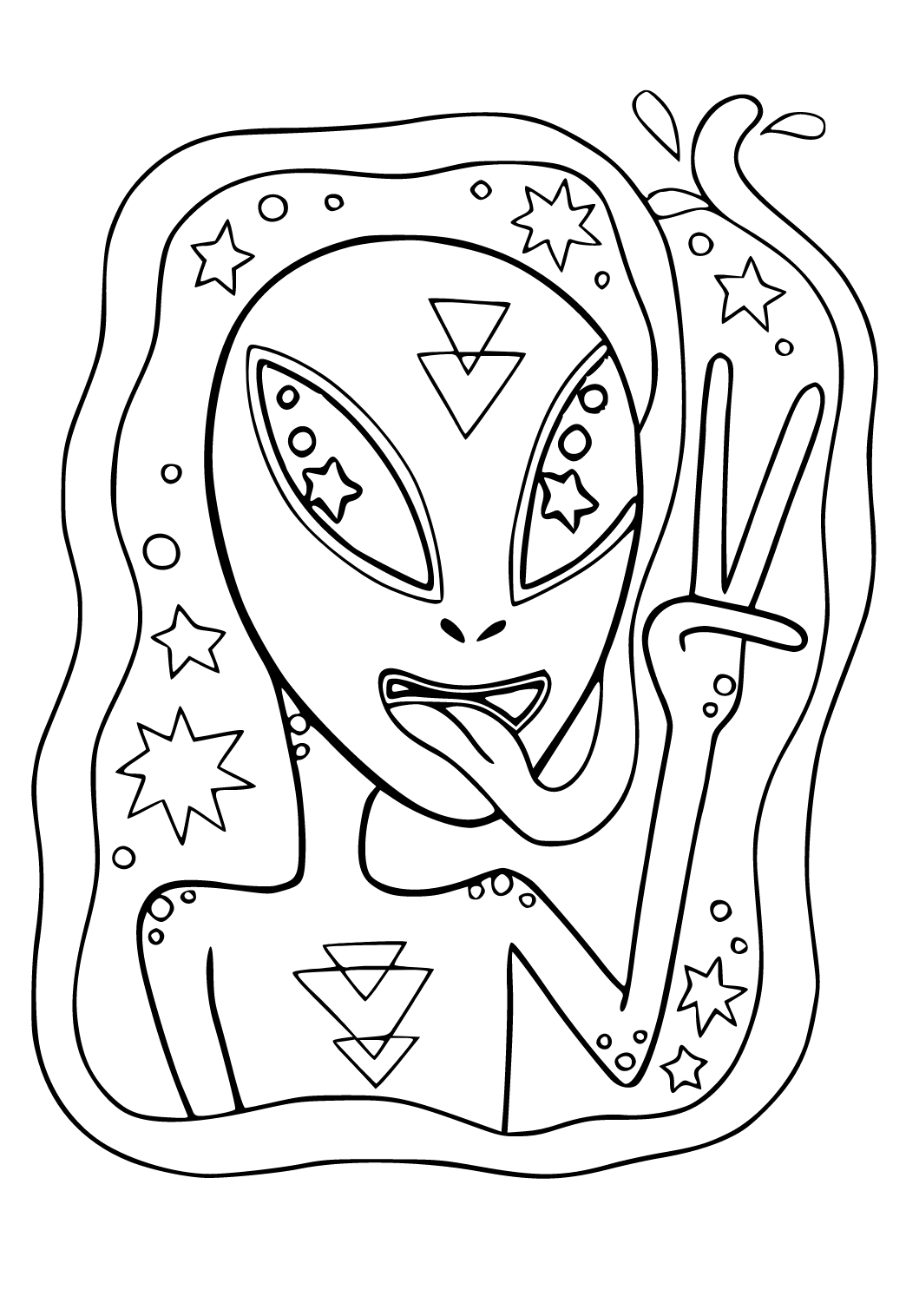 Free printable psychedelic alien coloring page for adults and kids