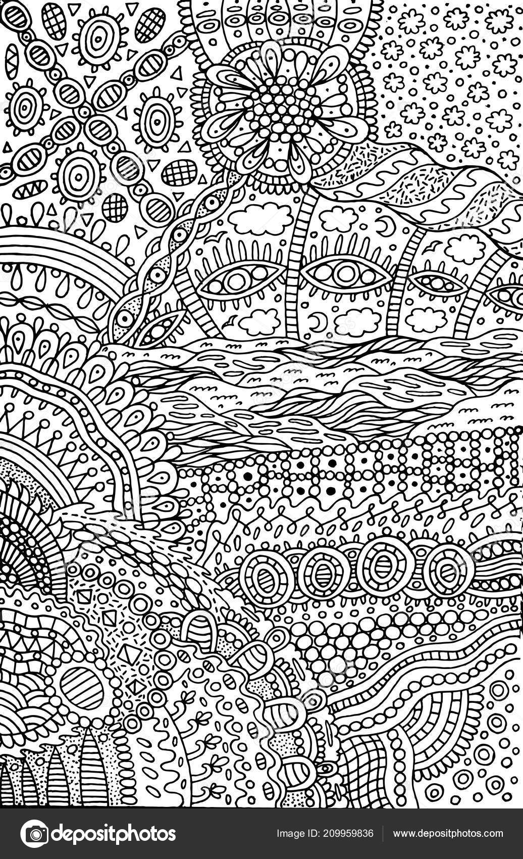 Psychedelic surreal fantastic abstract doodle pattern tribal cartoon coloring page stock vector by fesleen